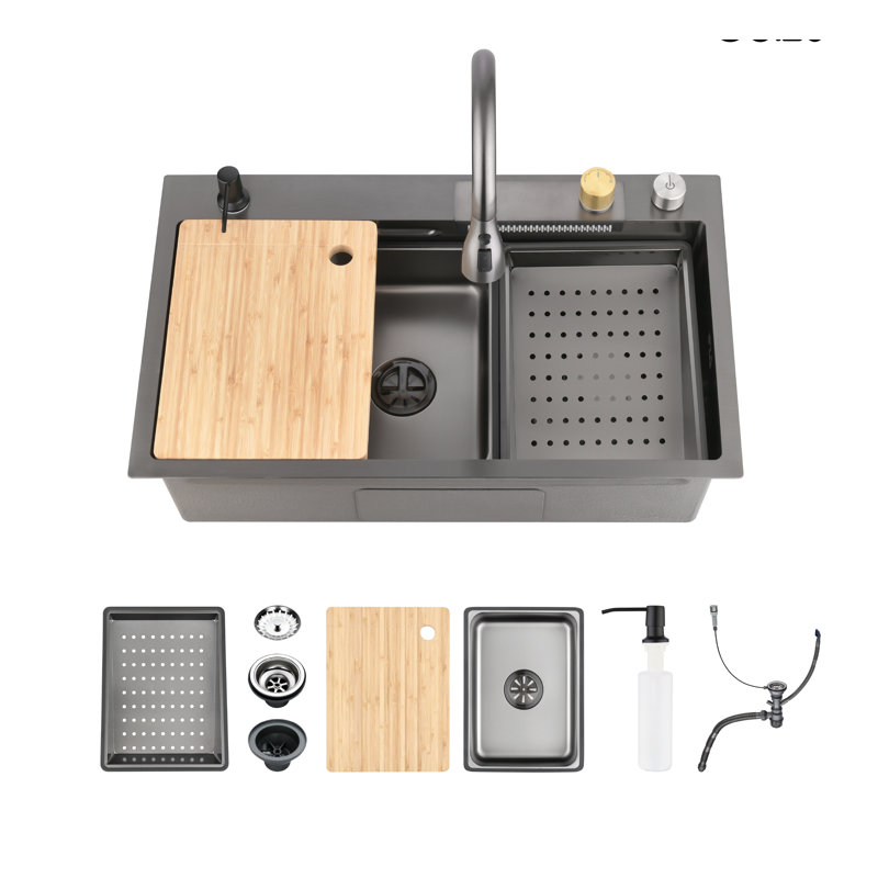 30" Waterfall Kitchen Sink Workstation Stainless Steel Single Bowl Sink with Flying-rain Faucet and Cutting Board