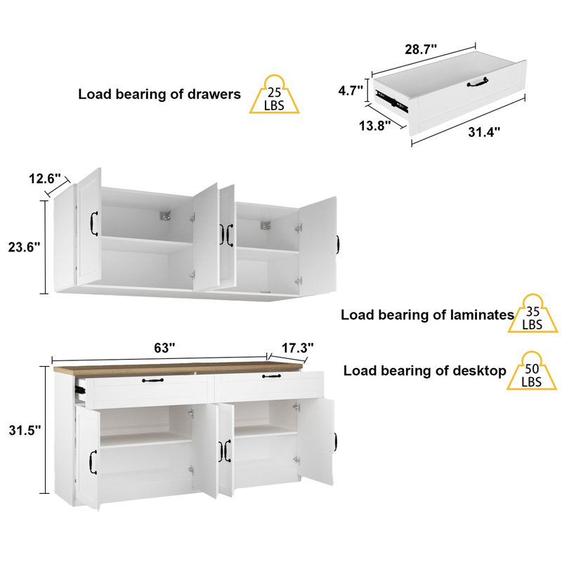 63"W Kitchen Pantry Sideboard Storage Cabinet, White