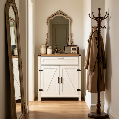 White Modern Farmhouse Sideboard Buffet Cabinet, Rustic Accent Storage Cabinet with Two Barn Doors and Drawer for Kitchen Dining Room and Living Room