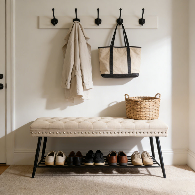 Banc de rangement touffeté rembourré, Beige
