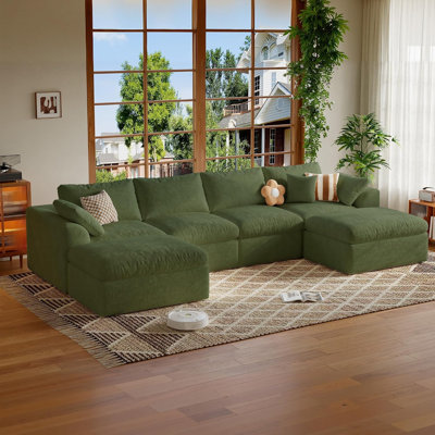 137" U-Shaped Modular Boneless Cloud Sectional Sofa with Mousse Velvet, Dual Layer Foam, Movable Backrests and Ottomans, No Assembly,Green