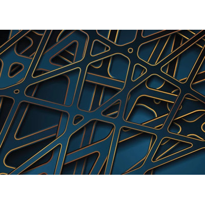 3D Blue and Gold Geometric Net Wall Mural – Luxury Layered Angular Frame Structure on Deep Teal Background