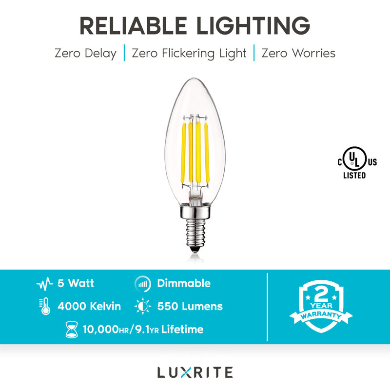 5 Watt (60 Watt Equivalent), Vintage LED Chandelier Bulb, Dimmable Torpedo Tip, Warm White (2700K), E12/Candelabra Base (Set Of 12)