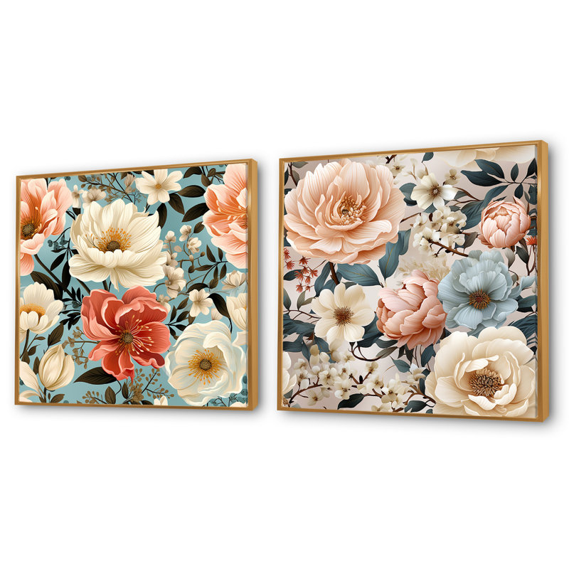 Alessia - Ensemble de 2 collages carrés floraux, Cadre flottant doré, H 16 po x l 33 po
