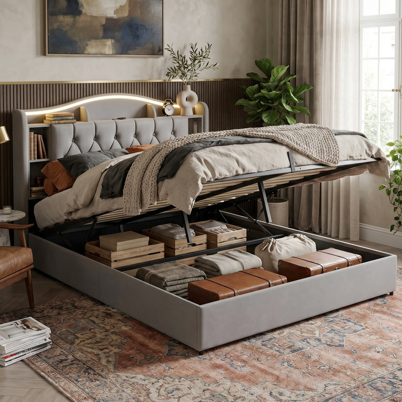 EU Double & King Velvet Ottoman Bed with Smart LED & Wireless Charging, Storage Headboard, 140/160x200cm in Grey/Beige, Grey