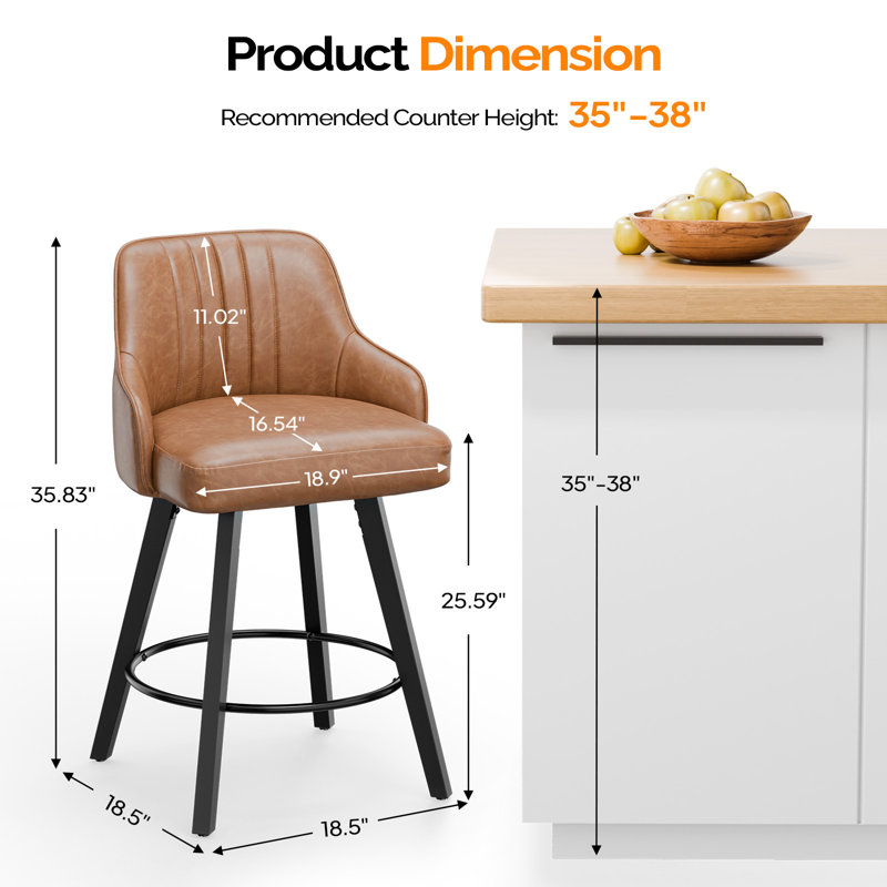 Modern Swivel PU Leather Thick Padded Cushion Bar Stool with Wood Legs, Brown, 1