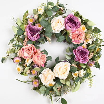 24" Artificial Farmhouse Spring Summer Daisy Peony Floral Wreath For Front Door Greenery Foliage Berry Wedding Party Home Wall Decor