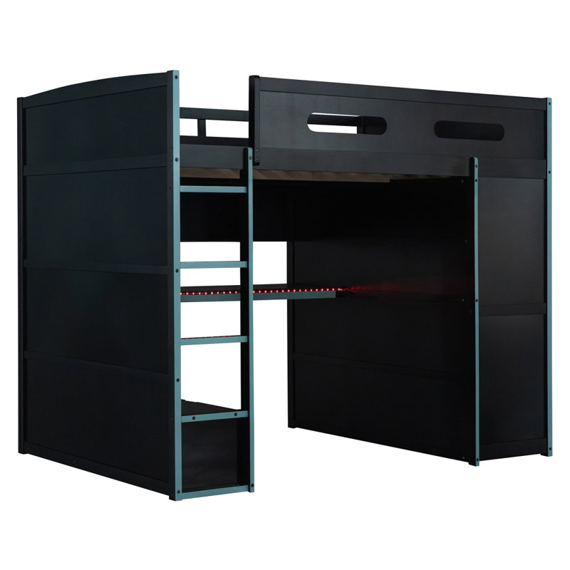Lit mezzanine en bois pleine grandeur avec bureau, garde-robe, grand espace de rangement et lumière RVB, bleu nuage (ANCIEN SKU: LT000261AAC)