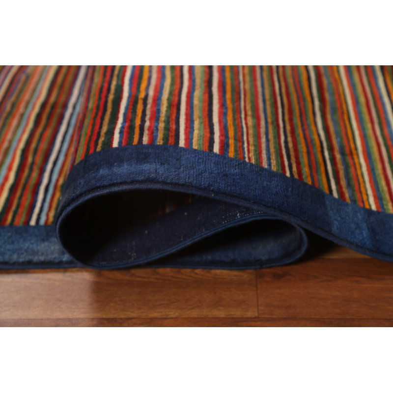 Tapis unique en laine noué à la main à rayures rectangulaires brun / rouille / bleu