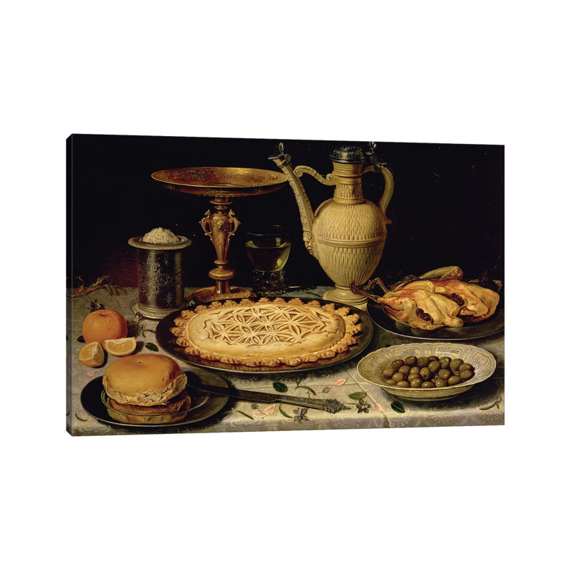 Still Life With A Tart, Roast Chicken, Bread, Rice And Olives by Clara Peeters - Wrapped Canvas Print