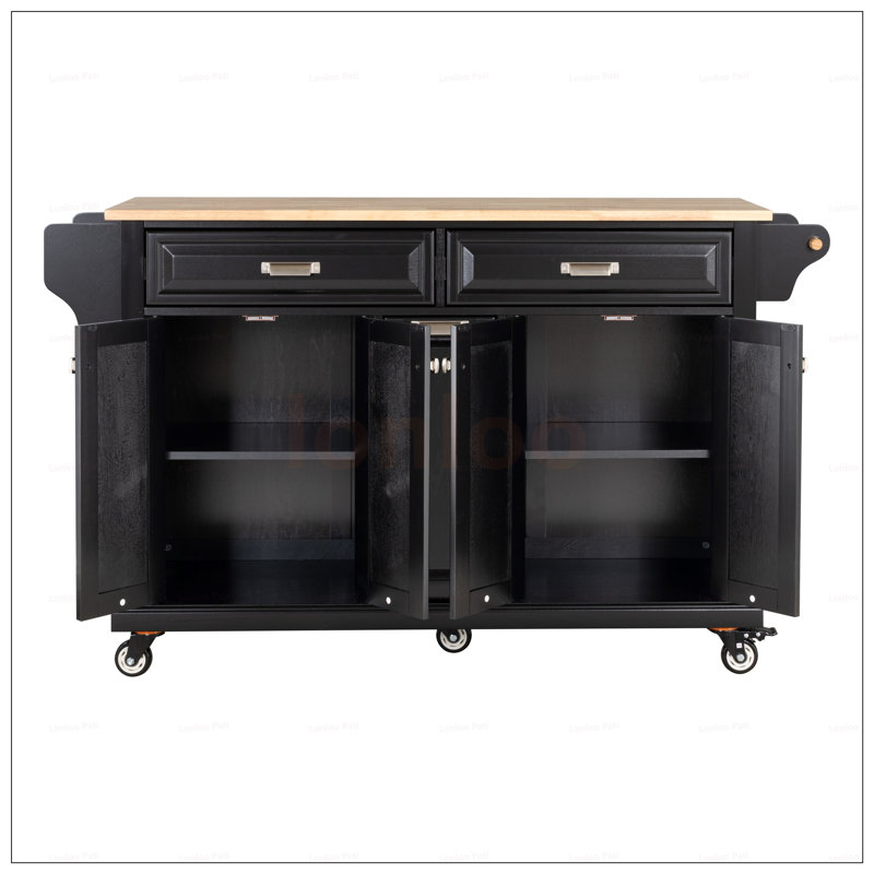 Durable Kitchen Island With Rubber Wood Countertop, Spacious Storage, And 5-Wheel Mobility For Enhanced Cooking Convenience.
