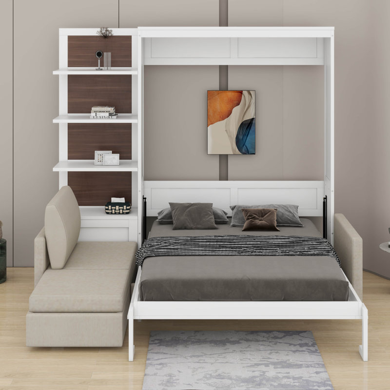 Grand lit escamotable avec canapé et tablettes, Blanc