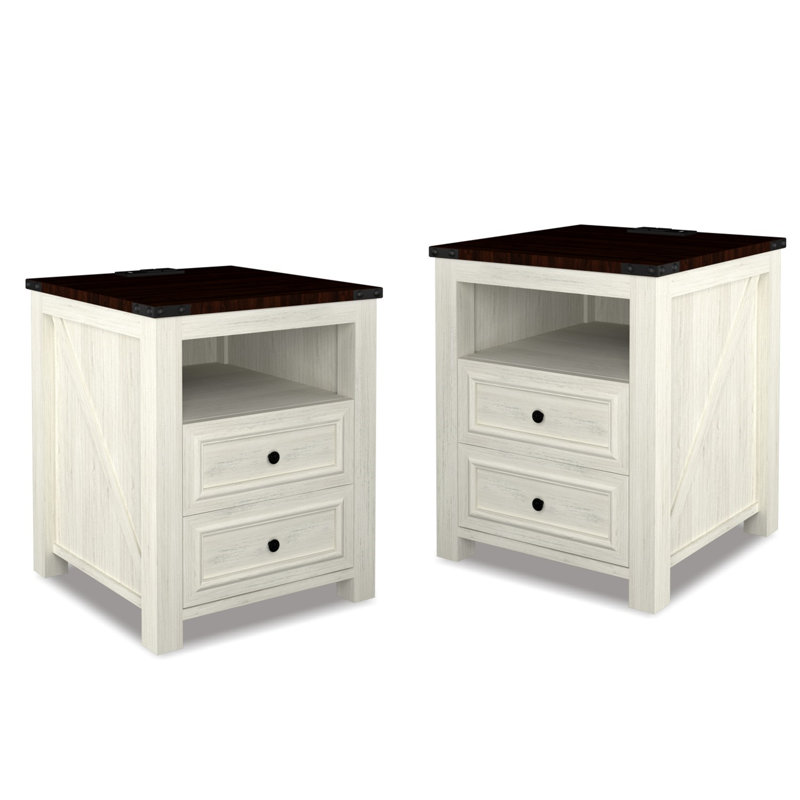 Tables de chevet avec station de charge, table de chevet rustique de 18 pouces avec 2 tiroirs de rangement et tablette ouverte
