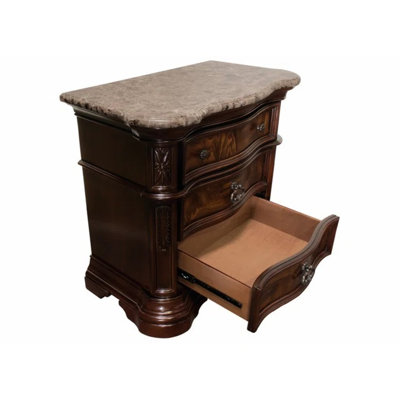 Chambre à coucher avec table de chevet traditionnelle en bois massif à 3 tiroirs, plateau en faux marbre, finition noyer, 32 po de longueur, 18 po de largeur, 30 po de hauteur et tiroirs pour