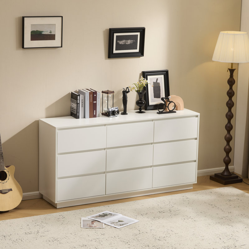 Modern White P2 Particle Board Dresser With 9 Drawers | 63"X16"X31" Three-Tier Storage Cabinet | 1PC