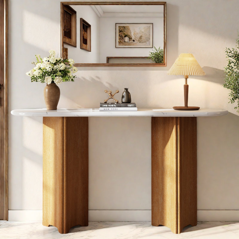 Narrow Console Table With Oval Marble Top, Curved Legs And Triangular-designed Base, Natural