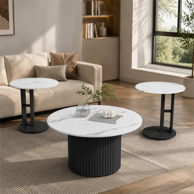 Set of 3 Nesting Coffee Tables, Modern Round Coffee & Side Tables with Faux Marble Top and Ribbed Metal Legs, Stylish Nesting Table Set for Living Roo