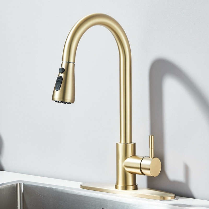 Mosson Pull-Down Kitchen Sink Faucet in Brushed Gold with 10-Inch Round Deck Plate
