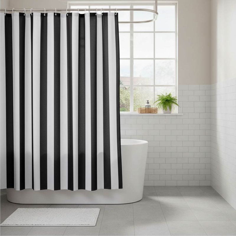 Waterproof Striped Polyester Shower Curtain For Modern Bathrooms, Black/White