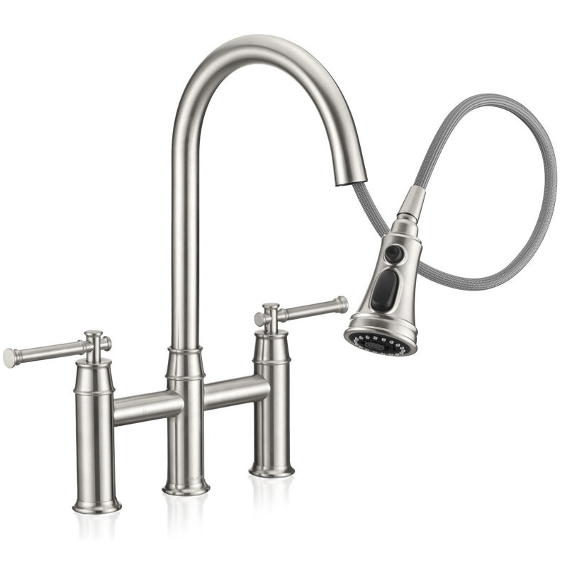 Robinet de cuisine à pont rétractable à deux poignées ORlando, Nickel brossé