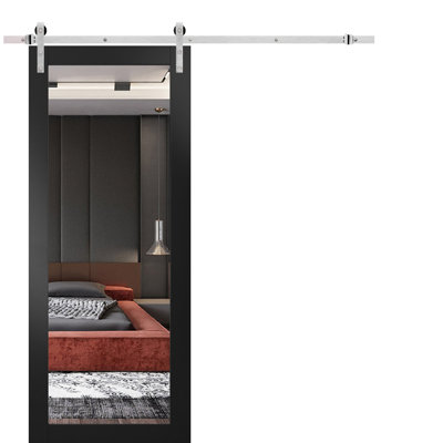 Porte de grange robuste Lucia 1299 Noir mat, supports de rail de 2 m (6,6 pi), quincaillerie lourde, portes intérieures modernes à panneaux pleins - 107 cm x 244 cm (42 po x 96 po) - Miroir - Rail argenté