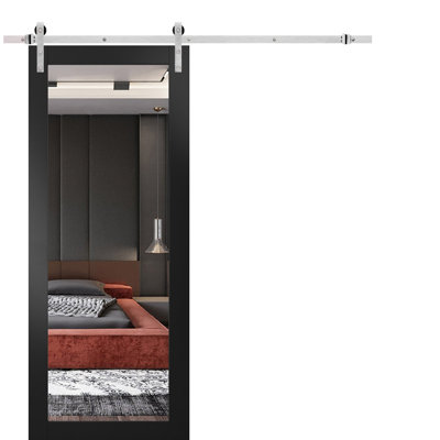 Porte de grange robuste Lucia 1299 Noir mat, supports de rail de 2 m (6,6 pi), quincaillerie lourde, portes intérieures modernes à panneaux pleins - 91,4 cm x 213,4 cm (36 po x 84 po) - Miroir - Rail argenté