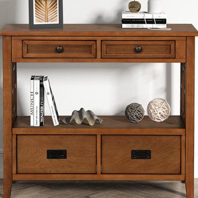 Brown Console Table With 4 Drawers & 1 Shelf - Made Of Pine Wood For Home Big Storage Solid Living Areas