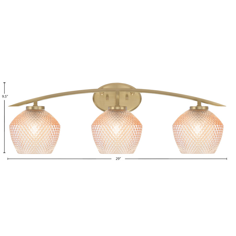 Barre d'éclairage de salle de bain 3 lumières kurve au fini laiton nouvel âge avec verre texturé ambre de 6 po, New Age Brass