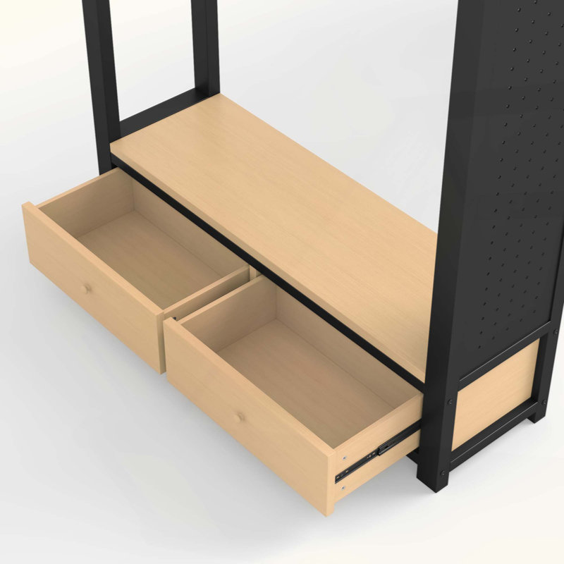 Structure de lit mezzanine avec garde-robe, lit mezzanine en métal avec tablettes de rangement et panneau perforé