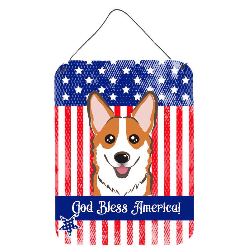 Décoration murale «God Bless», drapeau américain avec retriever, Corgi rouge