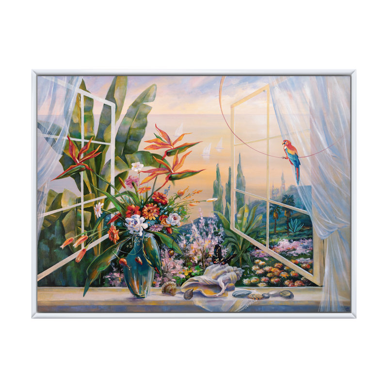 " Spring Evening In Sochi Tropical Flowers Parrot ", 34" H x 44" W, White Floater Frame Canvas