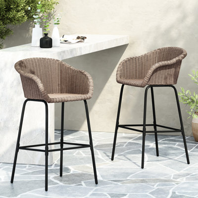 Faux brun extérieur de 2 avec motif tout en un, tissage de panier, siège d'une hauteur de 29,50 po, structure en fer noir, repose-pieds de 12,50 po, métal de soutien de 400 lb, style tissé sans couture, siège