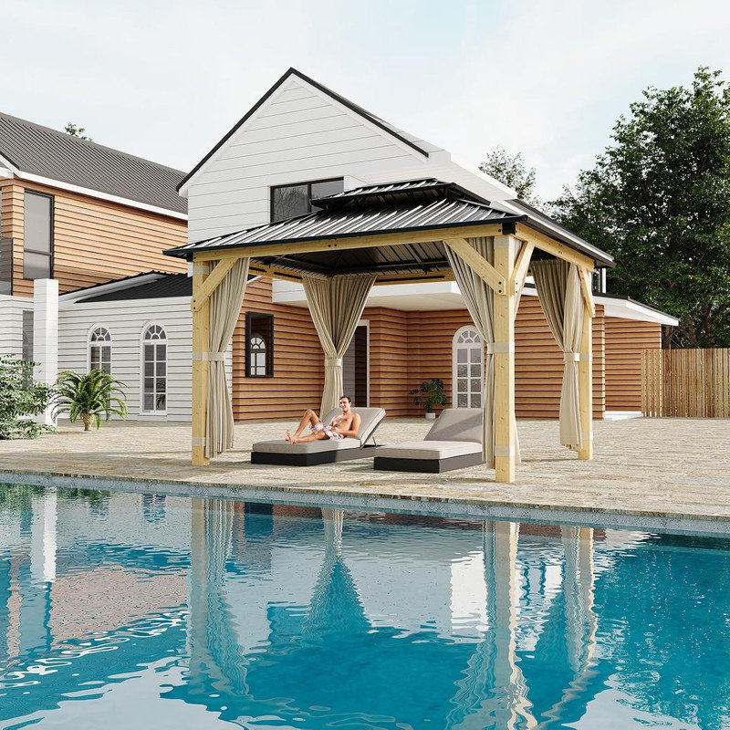 10'x12' Wooden Patio Gazebo with Solid Spruce Frame, Aluminum Double Roof & Netting
