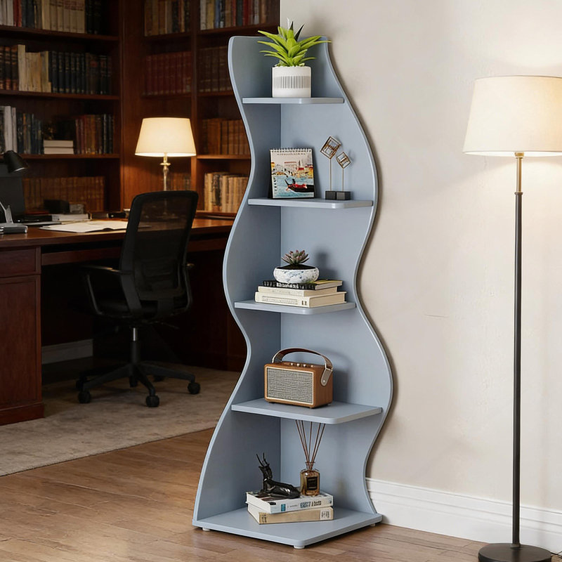 Elegant Bookcase, Spacious Wall Corner Bookshelf With 5 Tiers For Efficient Storage And Stylish Home Decor, Blue