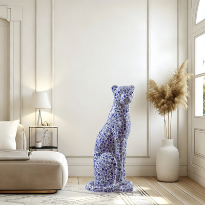 Art Panther Home Decor Statue With Blue Ceramics Exterior 