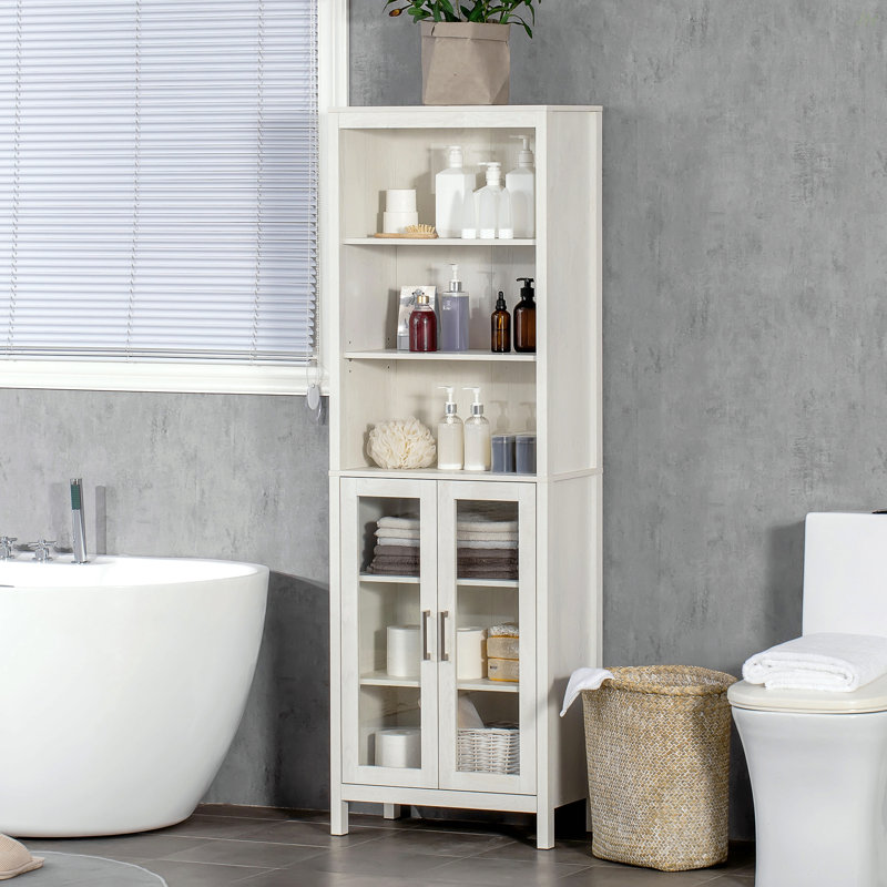 Kleankin Tall Bathroom Storage Cabinet With 3 Tier Shelf, Glass Door Cabinet, Freestanding Linen Tower With Adjustable Shelves, Antique White