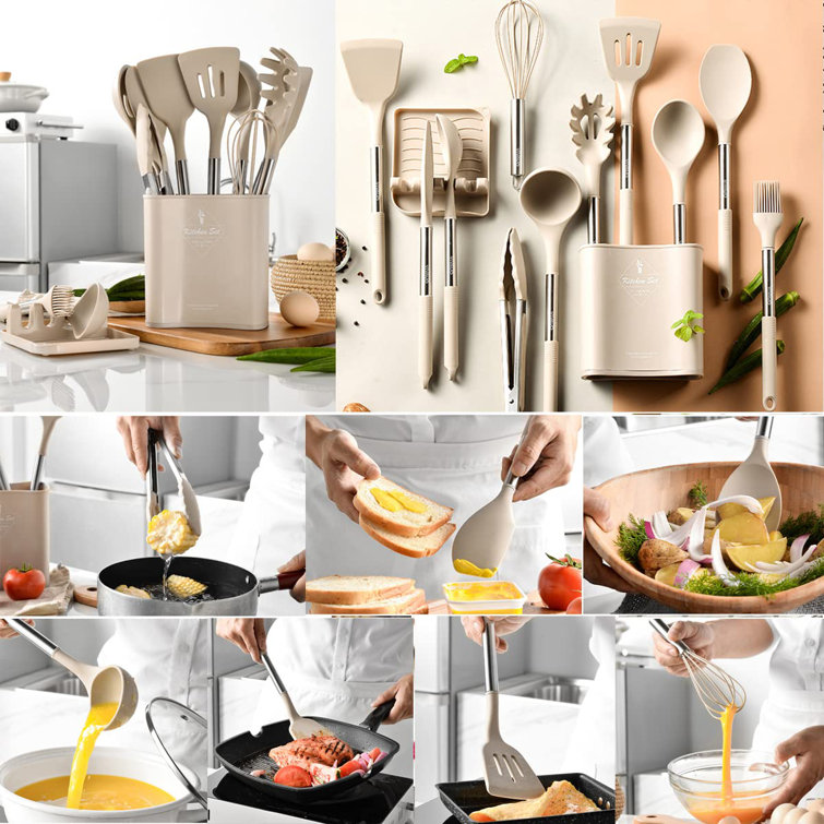 Kitchen Silicone Cooking Utensil 13-Piece Set with Stand, Wood