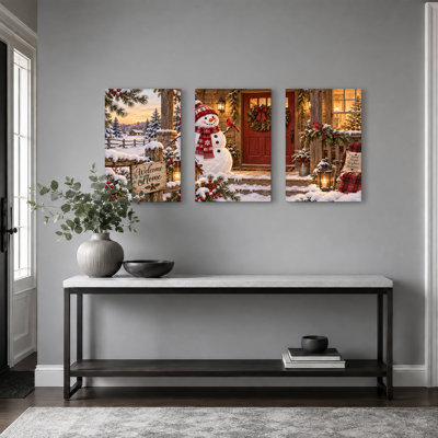 " Winter Snowman and Cardinals on Rustic Christmas " 3 Piece Art