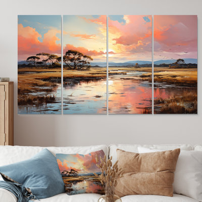 «Pink Sunset Over Marsh Wetlands - Lake», art mural sur toile 4 pièces