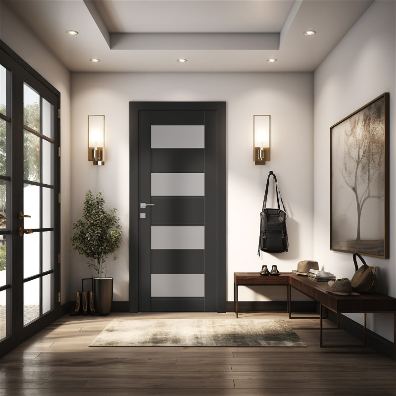 Dalle de porte en bois manufacturé et en verre Della, Noir mat, 31,75 po x 83,23 po