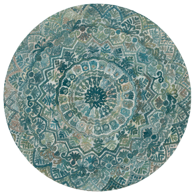 Tapis floral en laine touffeté à la main de couleur turquoise / vert Loura, Rond 6 pi