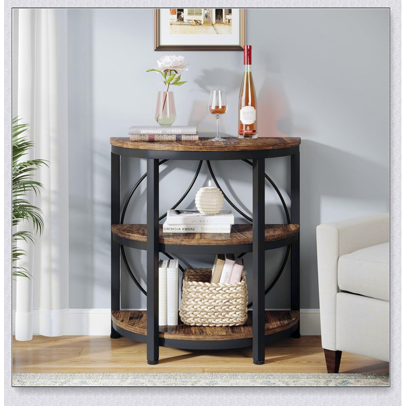 Table de bout de style demi-lune 23,62 po à 3 niveaux avec tablettes de rangement, peu encombrante et élégante pour le salon, la chambre à coucher et le vestibule