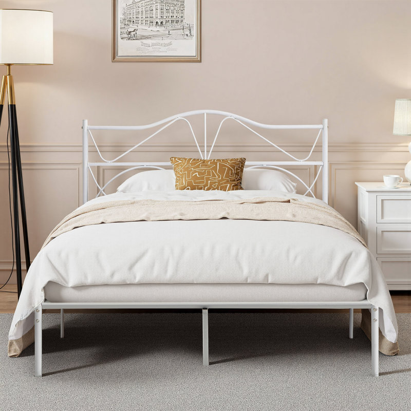 Metal Bed Frame with Headboard Heavy Duty Strong Steel Slat Support Platform Full Size Bed No Box Spring Needed, Easy Assembly, White