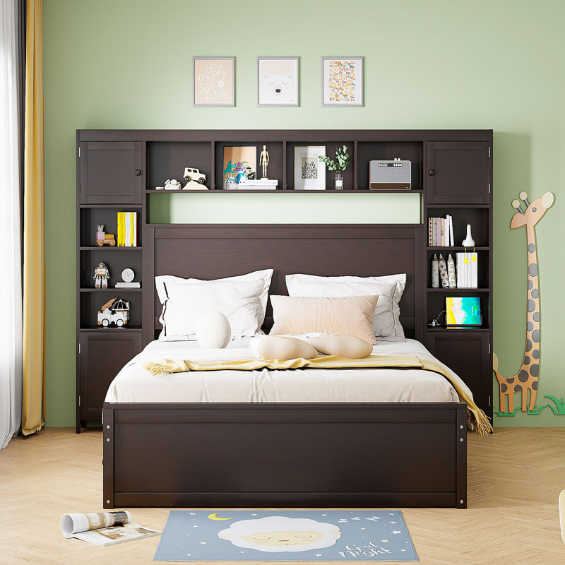 Grand lit en bois avec rangement intégré, tablettes et prises de courant, espresso, Brun, Grand lit