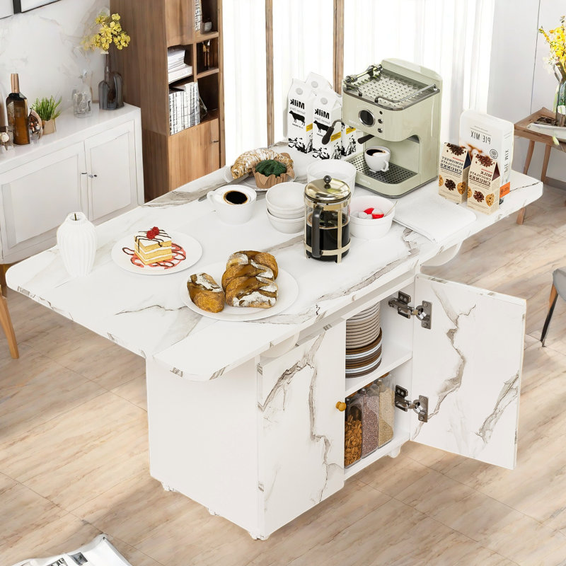 Table de salle à manger rabehi pliante avec 6 roues, support de rangement, armoire et texture marbre