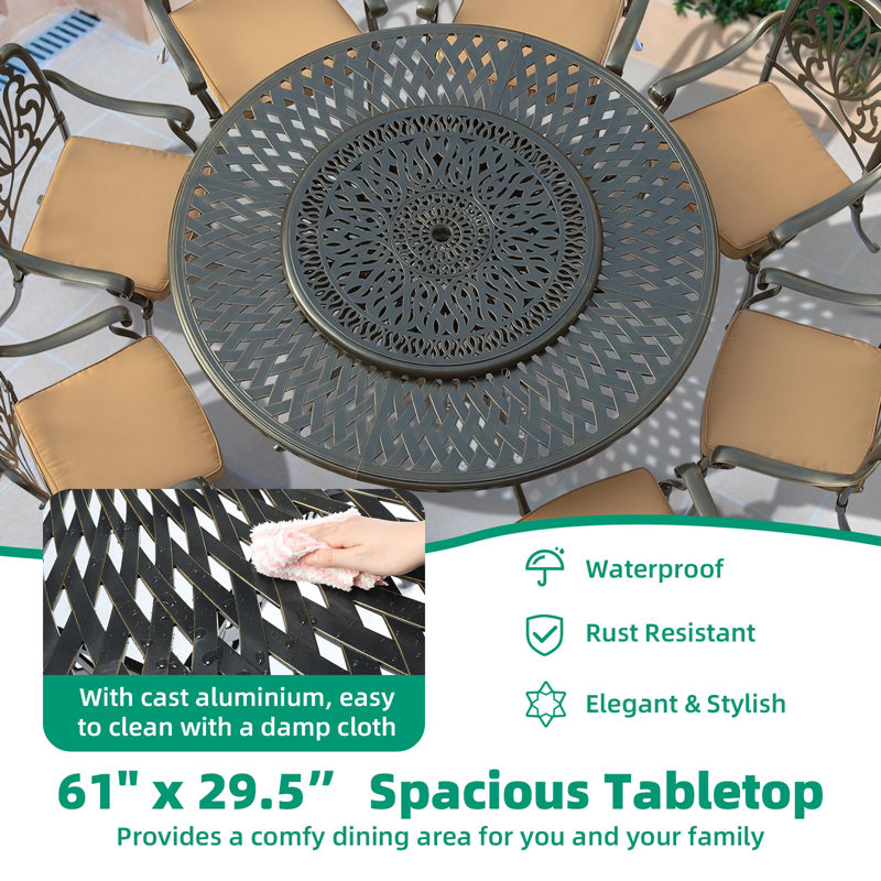 Red Barrel Studio® Outdoor 60.98" Patio Dining Table For 6-8 Person, Patio Round Dining Table With 35.38" Lazy Susan, Cast Aluminum Rustic Patio Table W/umbrella Hole For Balcony, Porch And Deck, Dark Bronze