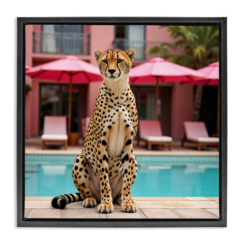 Guépard posé au bord de la piscine, design par lettré et doublé, Cadre flottant noir de jais, H 18 po x l 18 po