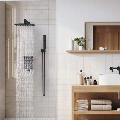 Système de douche à pluie avec support de rangement pour robinet de douche 10 pouces noir mat avec pomme de douche carrée