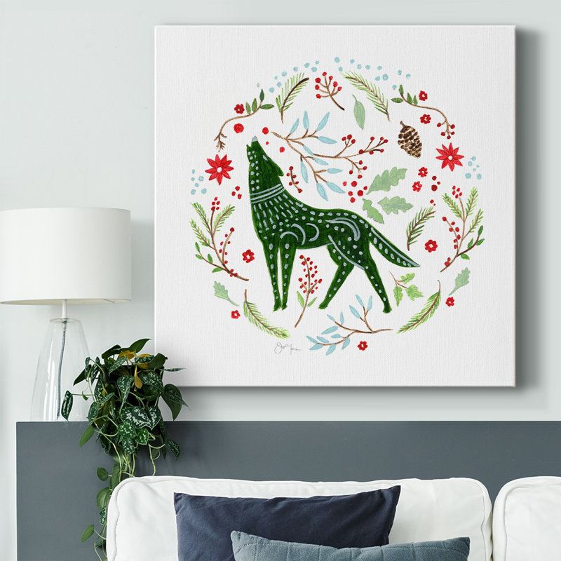 Loup de Noël sur toile, H 8 po x l 8 po x P 1,5 po