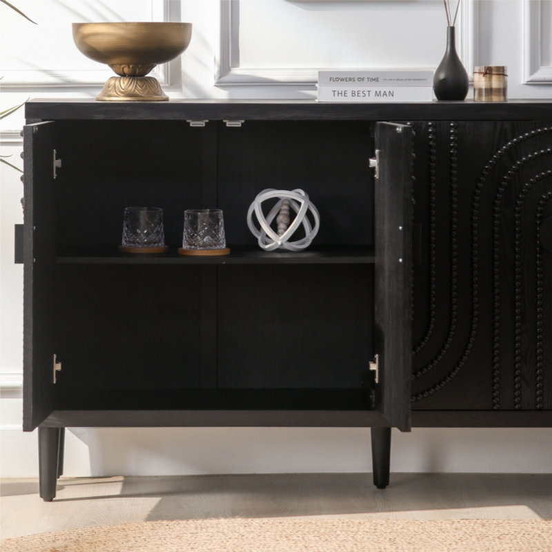 Wooden Storage Cabinet with 4 Doors, Modern Black Accent Cabinet